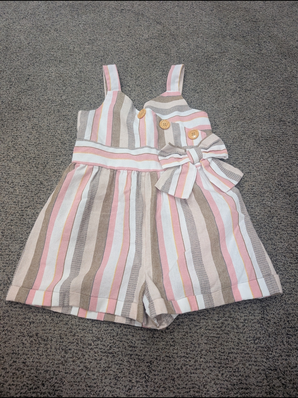 Bonnie Jean Pink, White and Tan Striped Romper with Side Bow